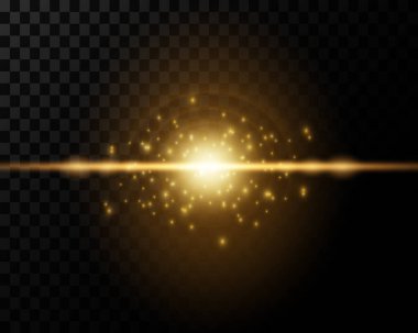 Golden horizontal glare and flashes of light, bright dust. laser beams. Beautiful light flashes. Glowing stripes on a transparent background. Glowing abstract sparkling background.
