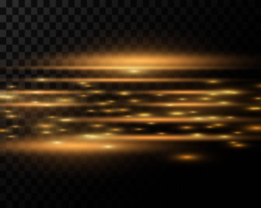 Golden horizontal highlights. Laser beams, horizontal beams of light. Beautiful light flashes. Glowing stripes on a dark background. Glowing abstract sparkling background.
