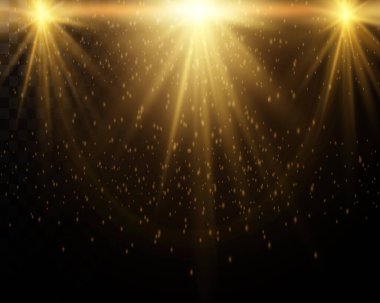 Explosion of stars with sparkles and gold glow bokeh particles, glitter effect on transparent background. Semi-transparent special light effect. Vector motion blur.