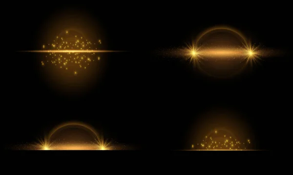 Set Bright Golden Bokeh Glow Particles Sparkle Effect Transparent Background — Vetor de Stock
