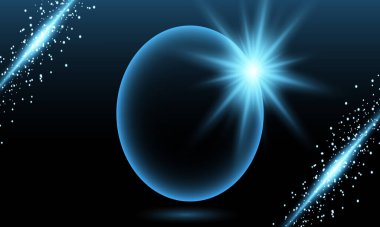 Winter background illustration, with light rays and snowing in blue starry sky.