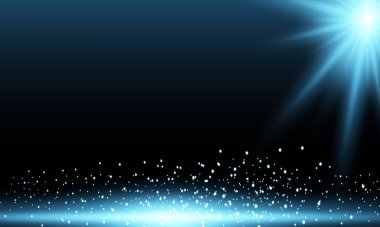 Winter background illustration, with light rays and snowing in blue starry sky.