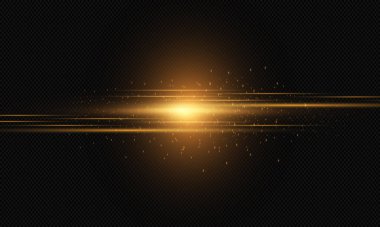 Golden horizontal glare on a transparent background. Beautiful light flashes. Glowing abstract glitter background with lined.