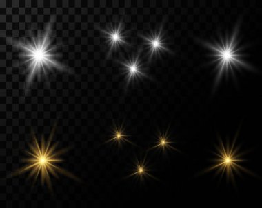 Ayarlayın. Parlayan yıldız, Güneş parçacıklar ve kıvılcım vurgu efekti, renk bokeh ışıklar glitter ve payetler. Karanlık bir arka plan üzerinde şeffaf. Vektör, Eps10
