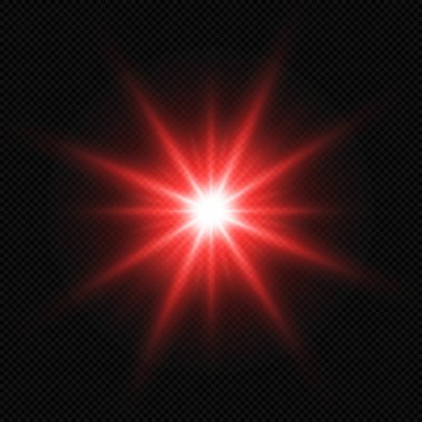 Kırmızı parlayan ışık çemberi, yıldız, şeffaf arkaplanda patlama.