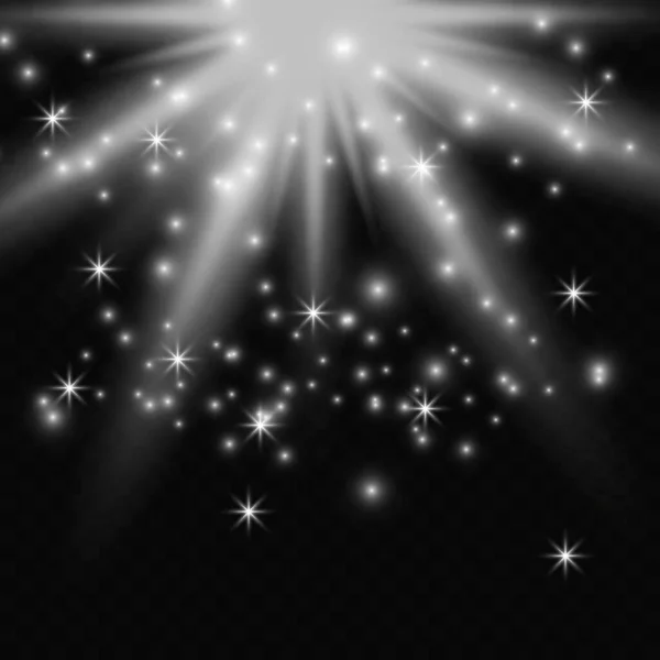 白く輝く光は 透明な背景で爆発します スパークリング魔法の塵粒子 明るい星 透明な輝く太陽 明るいフラッシュ — ストックベクタ