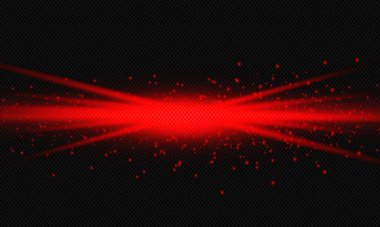 Red glowing circle of light burst, star, explosion with dust and sparkles on a transparent background.