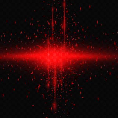 Red glowing circle of light burst, star, explosion with dust and sparkles on a transparent background.