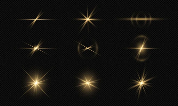Set Golden Effects Explosion Star Sparkles Light Reflection Transparent Background — 스톡 벡터