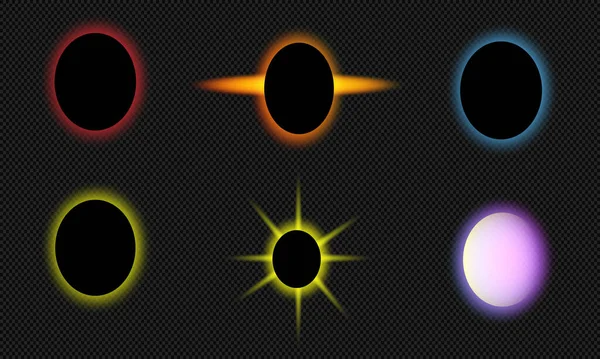 Set Sun Eclipse Solar Collection Color Fire Dark Background Vector — Stockvector