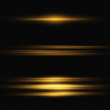 Set of golden horizontal highlights. Laser beams, horizontal light beams. Beautiful light flashes. Glowing stripes on a transparent background. Glowing abstract glitter background with lined.