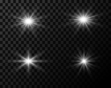 Set of flashes of light and bright rays, reflection of light, light through the lens on a transparent background