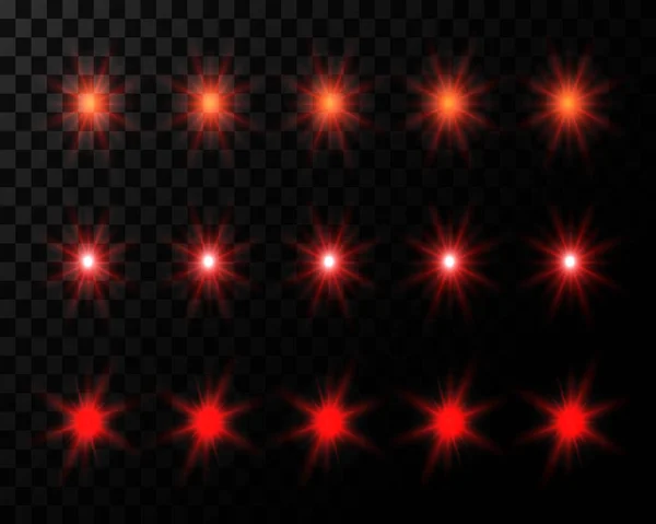 輝く光の効果 ベクトル赤の輝きと透明な背景にレンズフレアで輝きます 輝く星のバーストと太陽の光や輝きと光線 グレアフラッシュと輝くストライプ — ストックベクタ