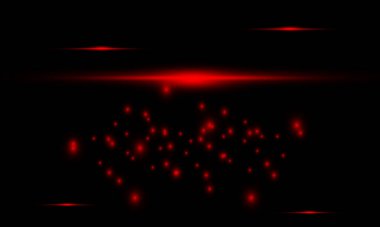 Kırmızı neon parıldayan ışık huzmesi patladı, yıldız, şeffaf bir arkaplanda toz ve parıltılarla patladı..