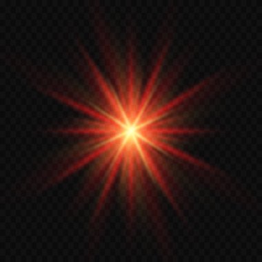 Kırmızı güneş ışığı parlıyor, güneş ışınları ve spot ışıklarıyla parlıyor. Şeffaf bir arkaplanda parlak bir patlama. Vektör illüstrasyonu.