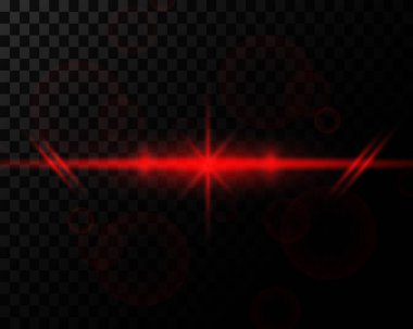 Neon ışıklı kırmızı lazer ışını, parlak bir ışık. Şeffaf arkaplanda izole edilmiş. Vektör illüstrasyonuName.