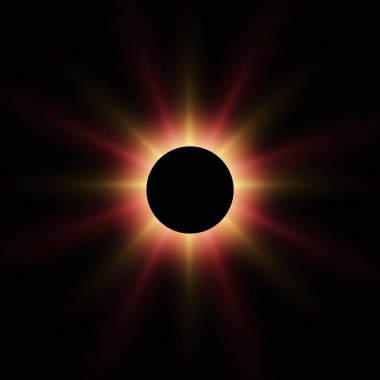 Gezegen ve yıldızının tutulması ile soyut vektör karanlık arka plan. Gezegenin kenarlarından parlak kırmızı ışık parlıyor. Arkaplanda parıldayan yıldızlar.