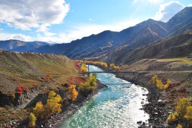 Inya köyü yakınlarındaki Altai Cumhuriyeti 'nde Katun Nehri üzerindeki asma köprü (Tsaplinsky Köprüsü). Sonbaharda Katun Nehri.
