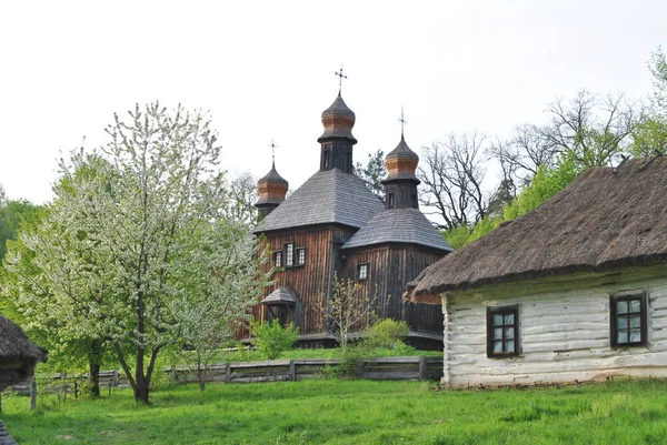 Gammal Träkyrka Ukraina Landskap Med Kyrka Ukrainska Träkyrkan Landskapets Gröna Royaltyfria Stockfoton