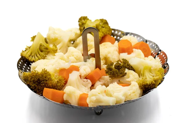 Coliflor Vapor Brócoli Zanahorias Alimentación Saludable Primer Plano — Foto de Stock