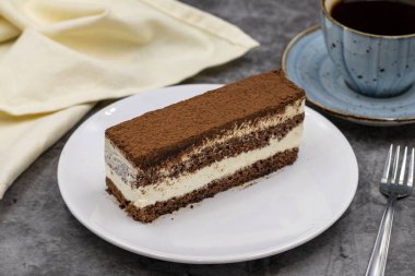 Koyu arkaplanda tiramisu keki. Geleneksel dünya mutfağı lezzetleri. Yakın plan..
