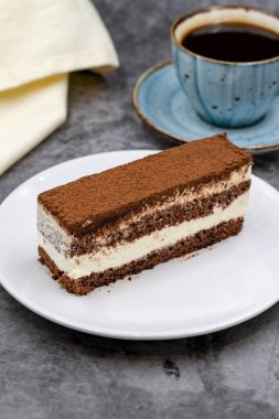 Koyu arkaplanda tiramisu keki. Geleneksel dünya mutfağı lezzetleri. Yakın plan..