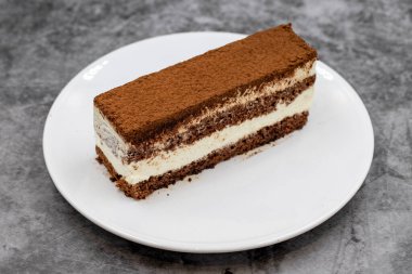 Koyu arkaplanda tiramisu keki. Geleneksel dünya mutfağı lezzetleri. Yakın plan..