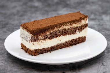 Koyu arkaplanda tiramisu keki. Geleneksel dünya mutfağı lezzetleri. Yakın plan..