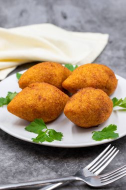 Koyu bir arka planda Kibbeh. Kibbeh, Orta Doğu mutfağında popüler bir yemektir. Doldurulmuş köfteler, falafel, icli Kofta, Quibe. Dikey görünüm. Kapat.