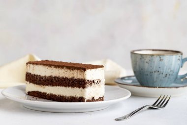 Beyaz arka planda tiramisu tatlısı. İtalyan tatlısı konsepti. Bir tabak tiramisu keki. Kapat. Seçici odaklanma. Yatay görünüm.