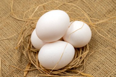 Jüt kumaşlı yumurta kutusu. Yakın plan beyaz yumurta. yatay görünüm