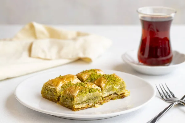 Pistachio Baklava Dessert White Background Turkish Sweet Dessert Concept Plate — Stock Photo, Image