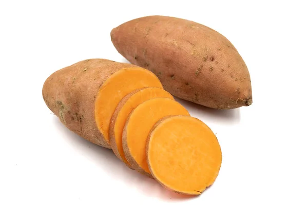 Sweet Potatoes White Background Sliced Sweet Potato Horizontal View Close — Stock Photo, Image