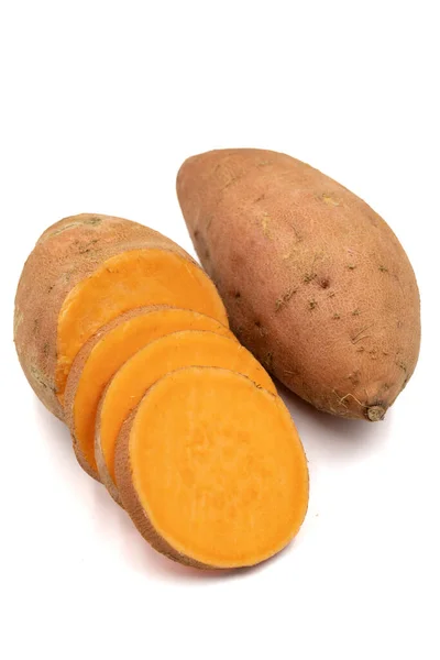 Sweet Potatoes White Background Sliced Sweet Potato Vertical View Close — Stock Photo, Image