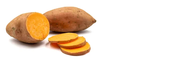 Batatas Sobre Fondo Blanco Patata Dulce Rodajas Espacio Vacío Para — Foto de Stock