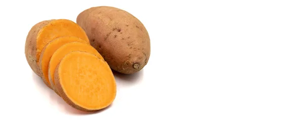 Batatas Sobre Fondo Blanco Patata Dulce Rodajas Espacio Vacío Para — Foto de Stock