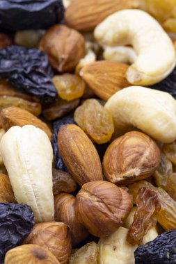 Yakın plan karışık fındık. Yemek geçmişi. Atıştırmalık taze fındık. Hikaye biçimi