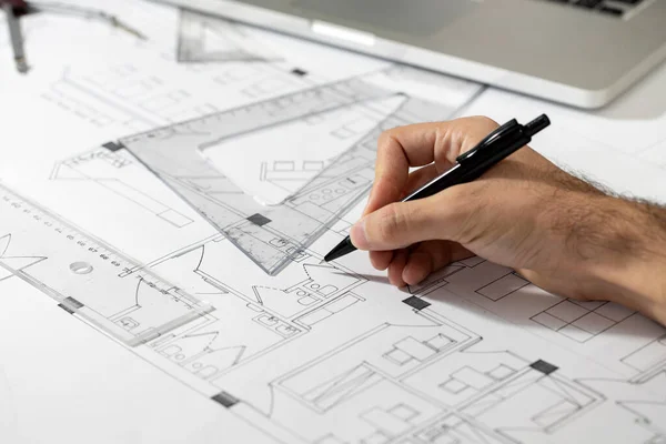 Arquitecto Ingeniero Diseño Trabajando Concepto Planificación Blueprint Concepto Construcción Enfoque — Foto de Stock