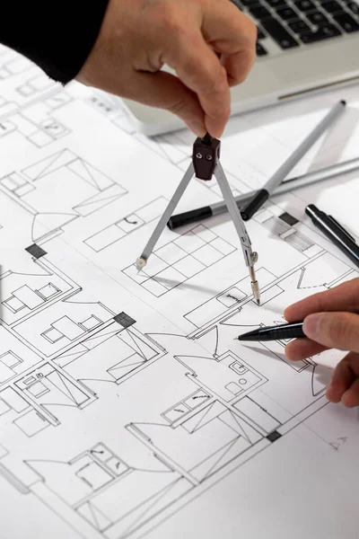 Arquitecto Ingeniero Diseño Trabajando Concepto Planificación Blueprint Concepto Construcción Enfoque — Foto de Stock