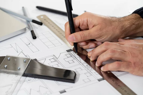Arquitecto Ingeniero Diseño Trabajando Concepto Planificación Blueprint Concepto Construcción Enfoque — Foto de Stock