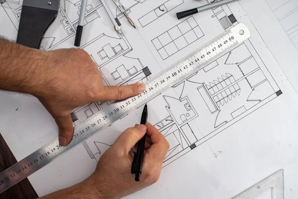 Arquitecto Ingeniero Diseño Trabajando Concepto Planificación Blueprint Concepto Construcción Enfoque — Foto de Stock