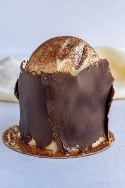 Beyaz arka planda muzlu ve profiterollü kek. Dışında çikolata olan küçük bir kutlama tatlısı.