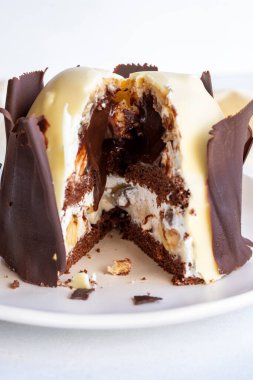 Beyaz arka planda muzlu ve profiterollü kek. Dışında çikolata olan küçük bir kutlama tatlısı.