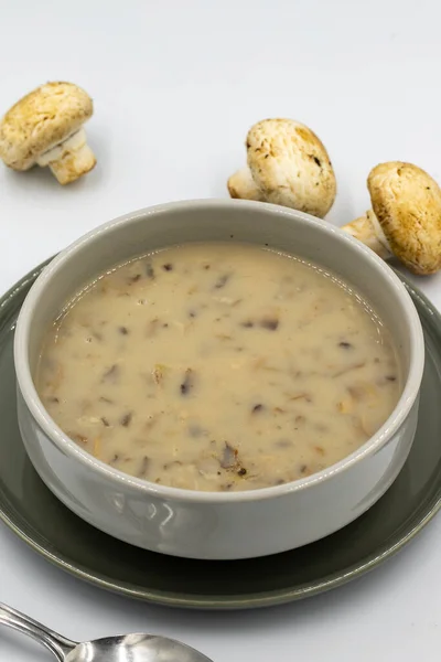 白色背景上的蘑菇汤 用陶瓷盘中新做的蘑菇汤 旁边放着生蘑菇 — 图库照片