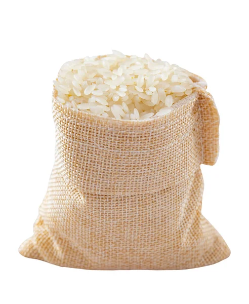 Surová Organická Zrna Rýže Jsou Pytli Rýžová Zrna Izolované Bílém — Stock fotografie
