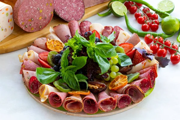 Meat Plate White Wooden Background Set Salami Cold Cuts Different — Stock Photo, Image