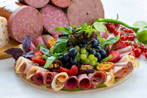 Meat Plate White Wooden Background Set Salami Cold Cuts Different — Stock Photo, Image