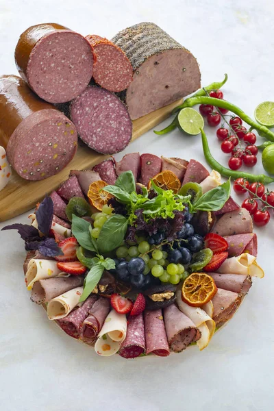 Meat Plate White Wooden Background Set Salami Cold Cuts Different — Stock Photo, Image