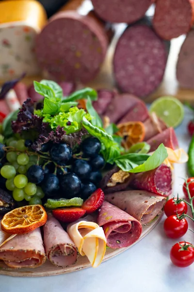 Meat Plate White Wooden Background Set Salami Cold Cuts Different — Stock Photo, Image