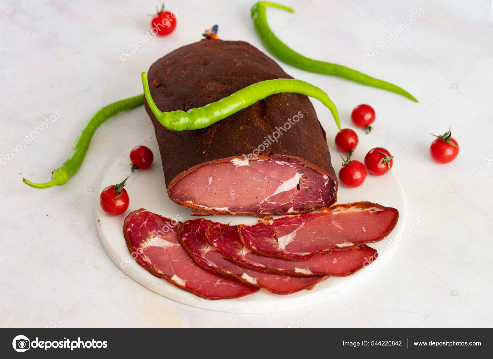 Turkish Pastrami White Marble Background Whole Sliced Pastrami Pastrami
